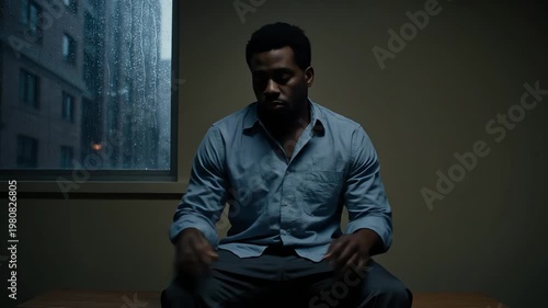 Man indoors seated looking up with a neutral expression near a window