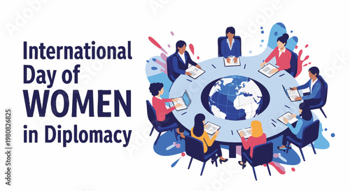 Diverse group of women in diplomacy meeting around global map in vibrant flat illustration for International Day of Women in Diplomacy