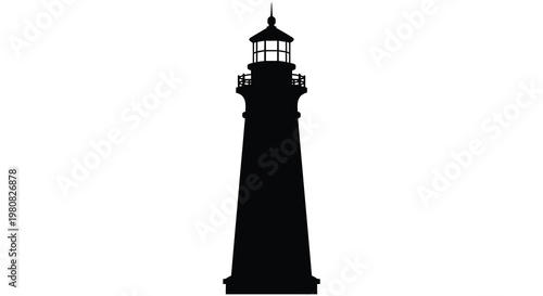 A striking black lighthouse stands tall against a white backdrop silhouette