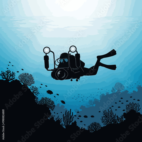 Scuba diver explores ocean floor with underwater camera equipment