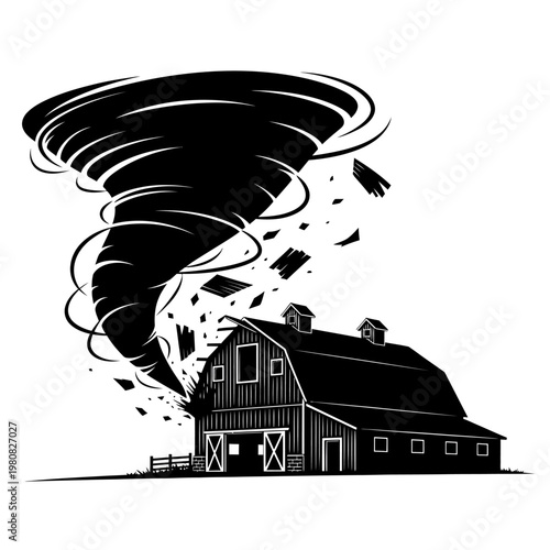 Tornado destroys old barn in rural landscape with debris whirling