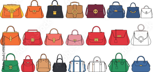Set of Vector Illustrations Featuring Stylish Handbags in Various Colors and Designs for Fashion, Accessories, and Retail Themes