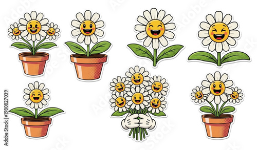 Retro cartoon daisy flower sticker set vintage mascot floral vector illustration
