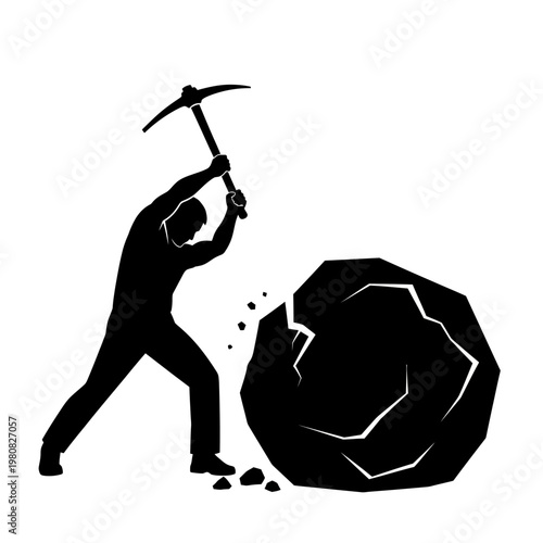 Man hitting boulder with pickaxe on ground outdoors