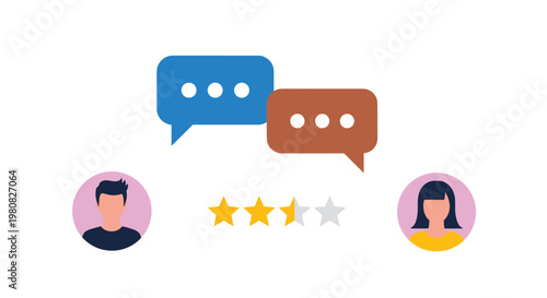 Customer feedback and social interaction shown with speech bubbles between male and female profiles above a three-star quality rating.