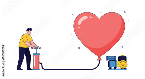 Enthusiastic man uses a hand pump to inflate a massive red heart balloon connected to an engine representing growth in love and passion.