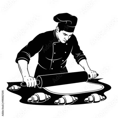 Chef rolling dough on surface with pastries