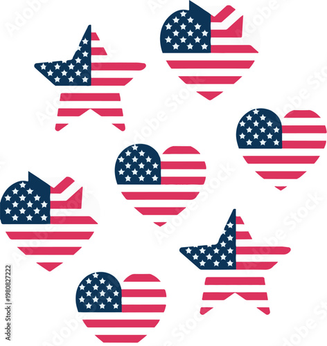 Vintage waving USA flag set. Vector waving American flags .