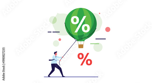 Determined businessman pulls a rope to bring down a giant green hot air balloon marked with a percentage sign symbolizing lower interest.