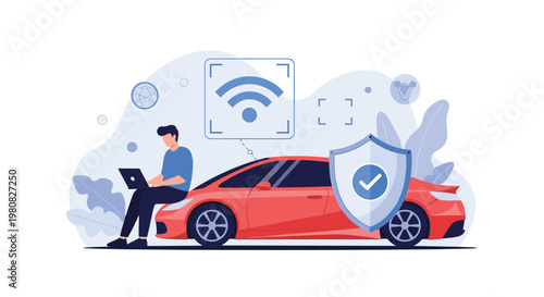 Man sits on the hood of a red modern car while using a laptop to illustrate smart vehicle technology, connectivity, and cybersecurity.