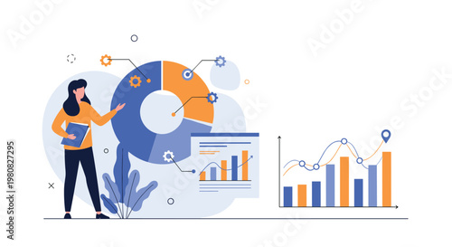 Business analyst points to a large colorful donut chart and various statistical graphs to present data insights and company performance.