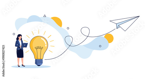 Woman works on her laptop next to a large glowing lightbulb while a paper plane flies along a path representing the launch of a new idea.