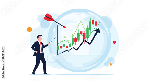 Businessman pointers at a stock market chart in a glass bubble while a red dart represents financial risks and market volatility.