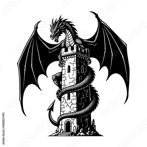 Dragon wraps around medieval tower with wings spread wide outdoors
