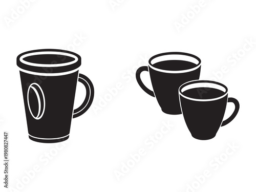Simple black coffee mugs in different sizes on white background  tea cups  breakfast tableware