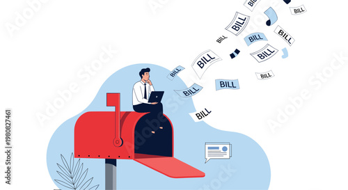 Worried man sits on a large red mailbox as a swarm of envelopes marked as bills fly out into the air representing high monthly expenses.