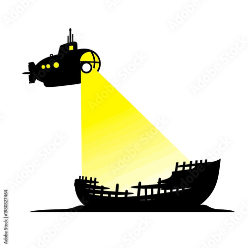 Submarine explores sunken shipwreck on ocean floor with spotlight