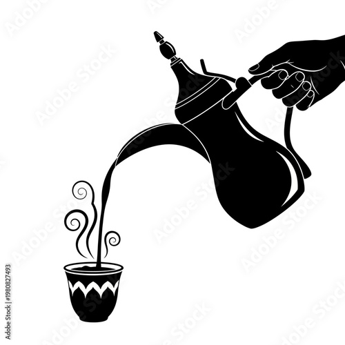 A hand pouring coffee from a pot into a cup