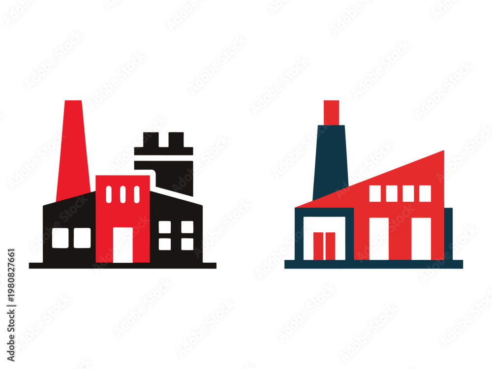 Fototapeta premium Simple industrial buildings with chimneys and windows factory icons