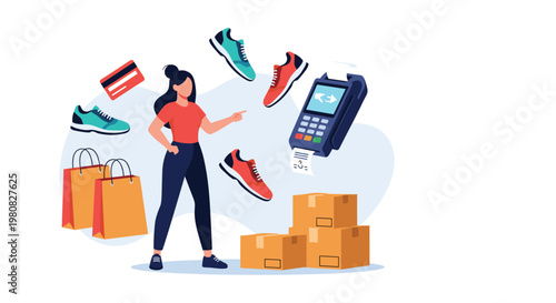 Woman points to a point of sale terminal while surrounded by floating sneakers, shopping bags, boxes, and a credit card representing retail.