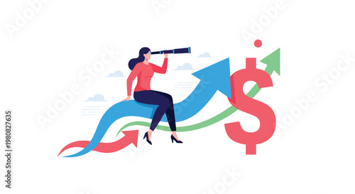 Ambitious woman sits on a rising blue arrow and looks through a telescope toward a bright future represented by a large red dollar sign.