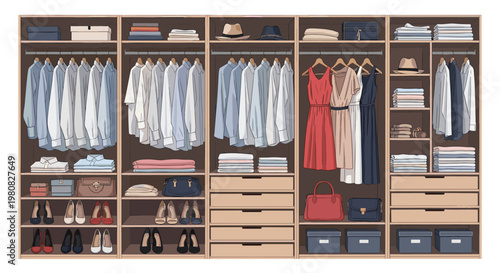 Spacious and neatly organized walk-in closet features multiple sections for hanging shirts, dresses, folded laundry, shoes, and handbags.