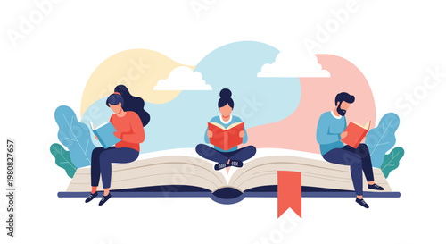 Three students sit on a massive open book while reading their own smaller books against a colorful abstract sky with clouds.