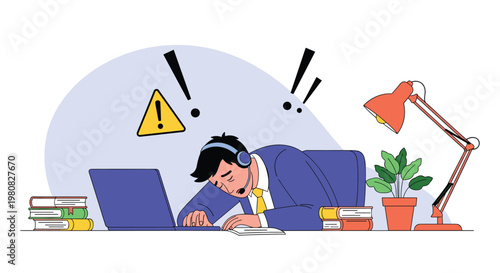 Exhausted office worker sleeps at his desk with his head on his arms next to a laptop and books under a yellow warning exclamation sign.