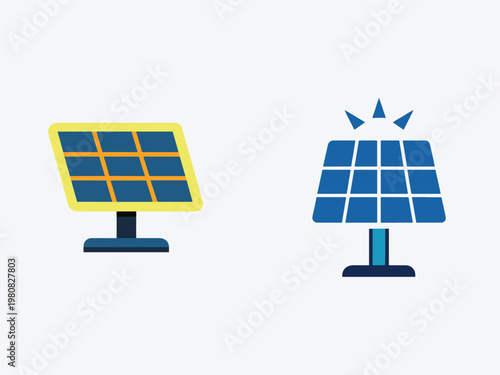 Solar panels on stands with one panel angled and the other emitting rays  renewable energy concept