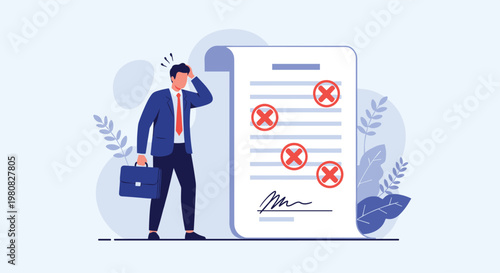 Stressed businessman looking at a large document with red cross marks and errors symbolizing a failed contract or audit.