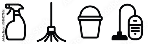 Set of four black cleaning and security icons on white background for business and home use