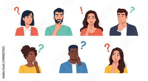 Group of diverse people showing thoughtful and confused expressions with question marks and exclamation points above them.