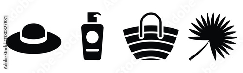 flat lay minimalist summer accessories with hat, sunscreen, tote bag and palm leaf