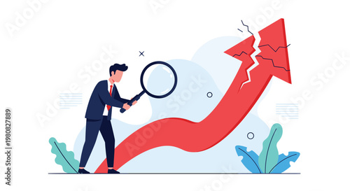 Corporate professional using a magnifying glass to inspect a crack in a large red arrow pointing towards financial growth.