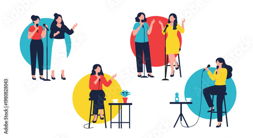 Set of female vocalists in various outfits singing into microphones in different poses for a musical performance or concert.