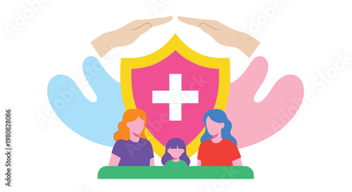Guardian hands protecting a family under a medical shield with a white cross representing comprehensive healthcare coverage and secure life insurance.