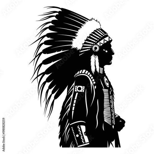 Native American man wearing feathered headdress and traditional clothing