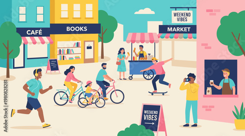 Weekend City Life Flat Illustration with Outdoor Activities and People