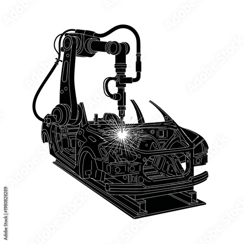 Industrial robot welding car chassis with sparks