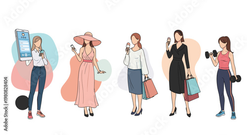 Group of fashionable women in diverse outfits including casual wear formal dresses and athletic gear for various lifestyle.