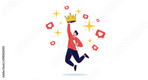 Happy man jumping high while holding a diploma and a golden crown surrounded by floating heart icons and shining stars.