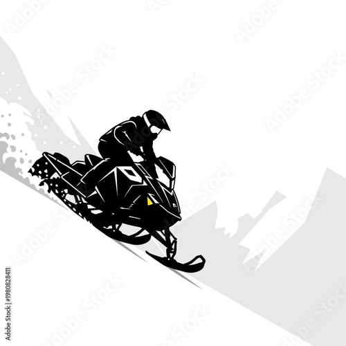 Snowmobiler speeds down mountain slope on snowy terrain