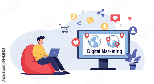 Man relaxing in a beanbag chair with a laptop next to a large screen displaying digital marketing strategies and icons.