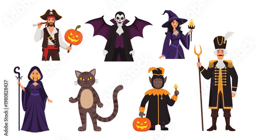 Collection of characters in various costumes including a pirate vampire witch cat elf and soldier for a halloween event.