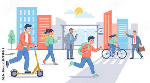 Urban Morning Rush Flat Vector with People Commuting and City Transport