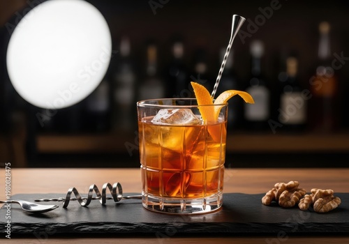 Old fashioned cocktail with orange peel garnish and walnuts on slate