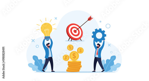Pair of business professionals working together with a light bulb gear and target to achieve financial success and goals.