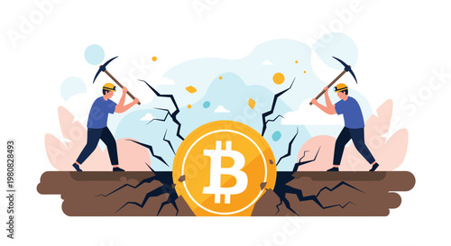 Two workers using pickaxes to dig a massive golden bitcoin coin out of a dark underground mine for cryptocurrency rewards.