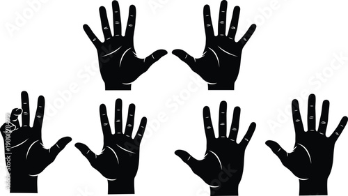 Six black silhouette hands a study in palmistry and gestures