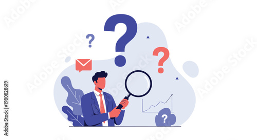 Focused businessman holding a large magnifying glass searching for answers among floating question marks and business growth charts.